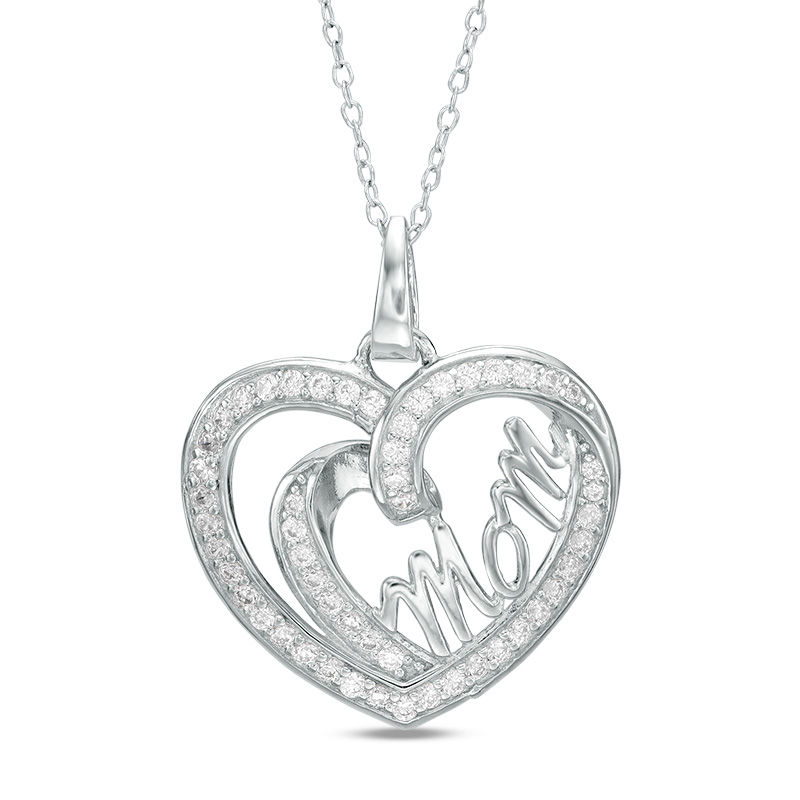 Cubic Zirconia "Mom" Heart Pendant in Sterling Silver