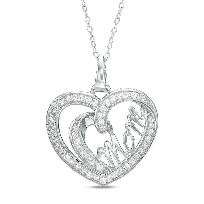 Main Image 1 of Cubic Zirconia "Mom" Heart Pendant in Sterling Silver