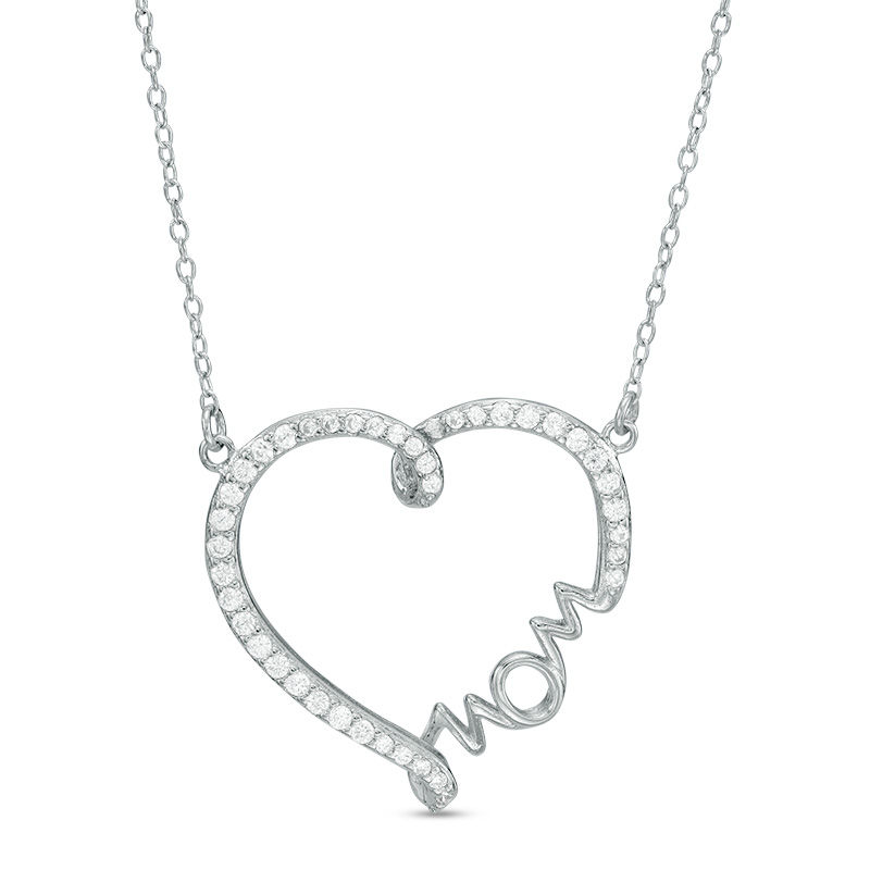 Cubic Zirconia "mom" Heart Necklace in Sterling Silver