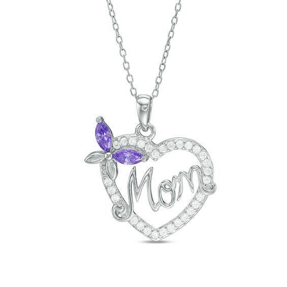 Purple Cubic Zirconia Butterfly "Mom" Heart Pendant in Sterling Silver