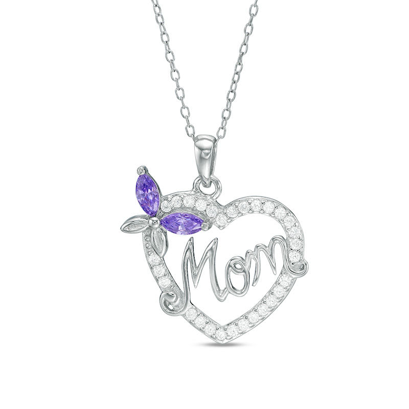 Main Image 1 of Purple Cubic Zirconia Butterfly "Mom" Heart Pendant in Sterling Silver