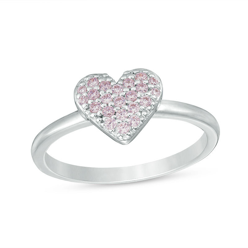 Main Image 1 of Pink Cubic Zirconia Cluster Heart Ring in Sterling Silver - Size 7