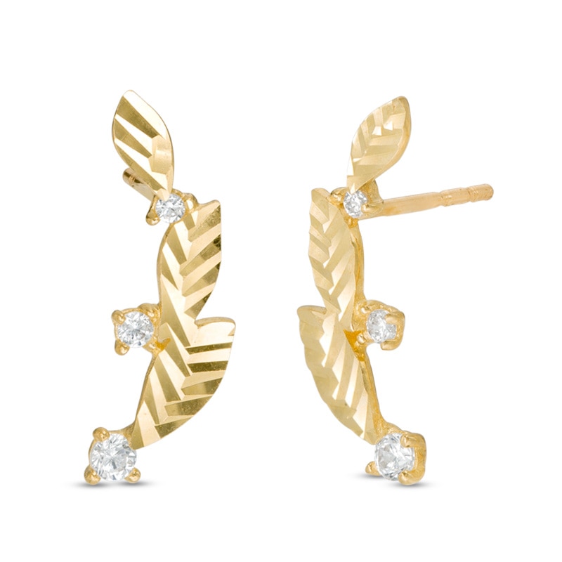 Cubic Zirconia Triple Leaf Drop Earrings in 10K Gold