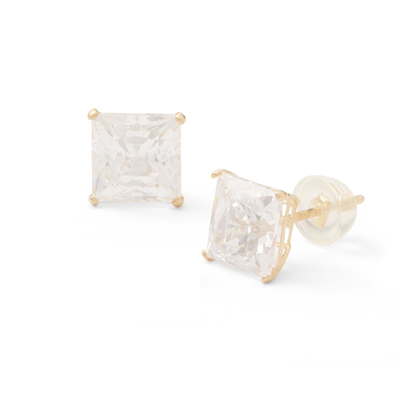 7mm Square Cubic Zirconia Solitaire Stud Earrings in 14K Gold