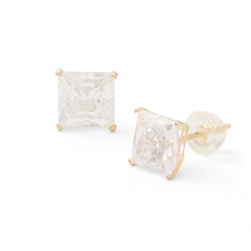 14K Solid Gold CZ Square Solitaire Studs