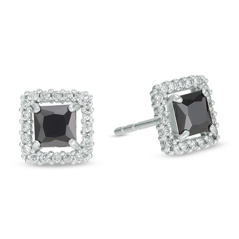 4mm Princess-Cut Black Cubic Zirconia Frame Stud Earrings in 14K White Gold