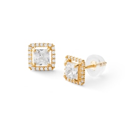 14K Gold CZ Princess-Cut Halo Studs