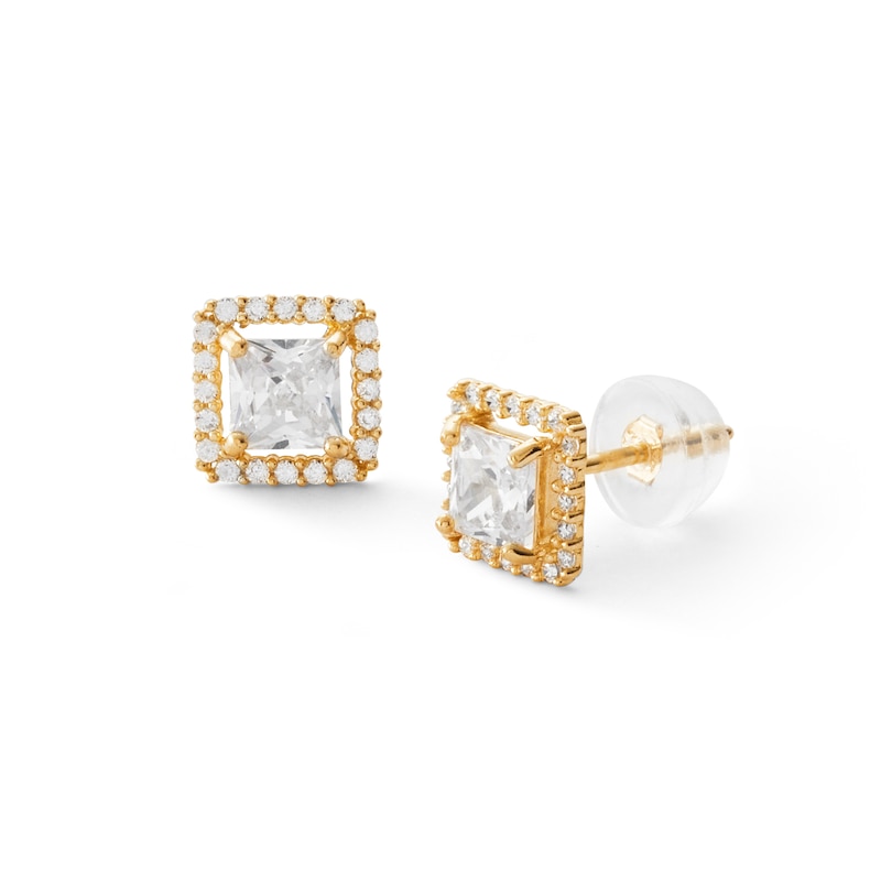 Main Image 1 of 14K Gold CZ Princess-Cut Halo Studs