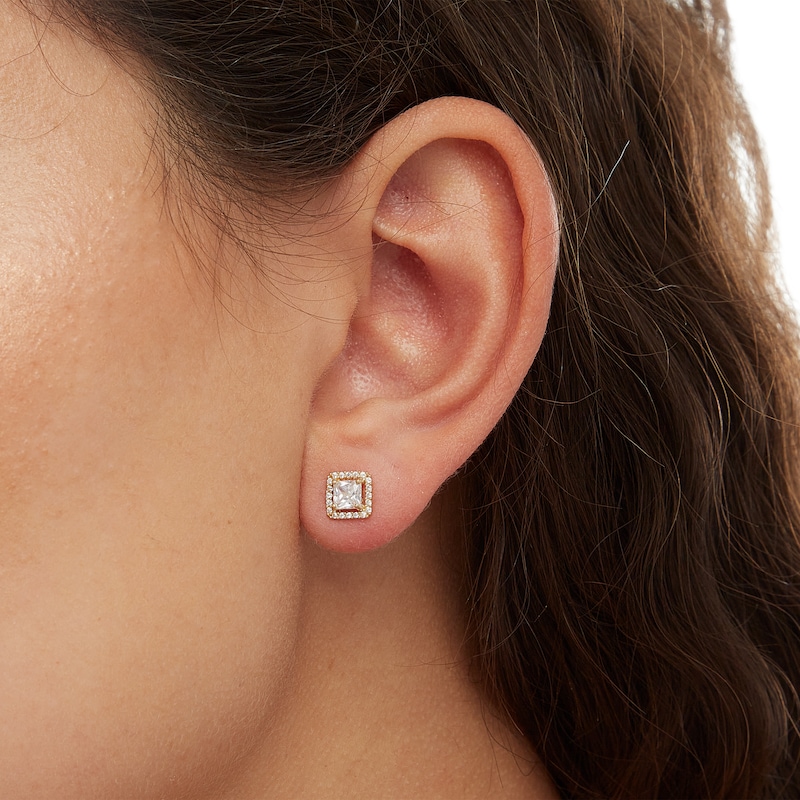 Main Image 3 of 14K Gold CZ Princess-Cut Halo Studs