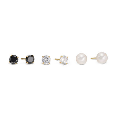 5mm Freshwater Cultured Pearl, Black and White Cubic Zirconia Solitaire Three Pair Stud Earrings Set in 10K Gold