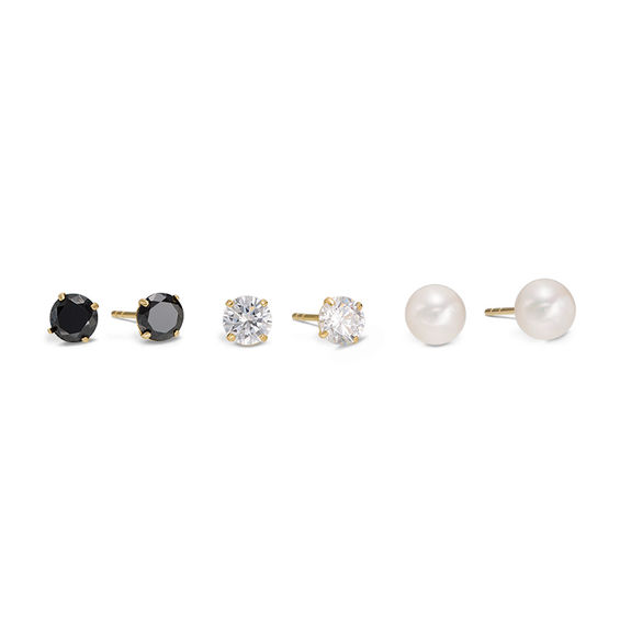 5mm Freshwater Cultured Pearl, Black and White Cubic Zirconia Solitaire Three Pair Stud Earrings Set in 10K Gold