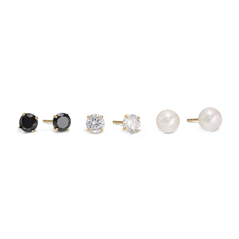 5mm Freshwater Cultured Pearl, Black and White Cubic Zirconia Solitaire Three Pair Stud Earrings Set in 10K Gold