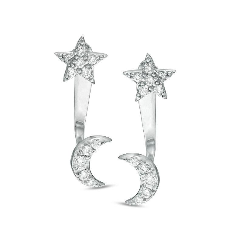 Main Image 1 of Cubic Zirconia Star and Moon Stud Earring with Drop Jackets in Sterling Silver