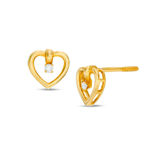 Child's Diamond Accent Solitaire Heart Stud Earrings in 14K Gold