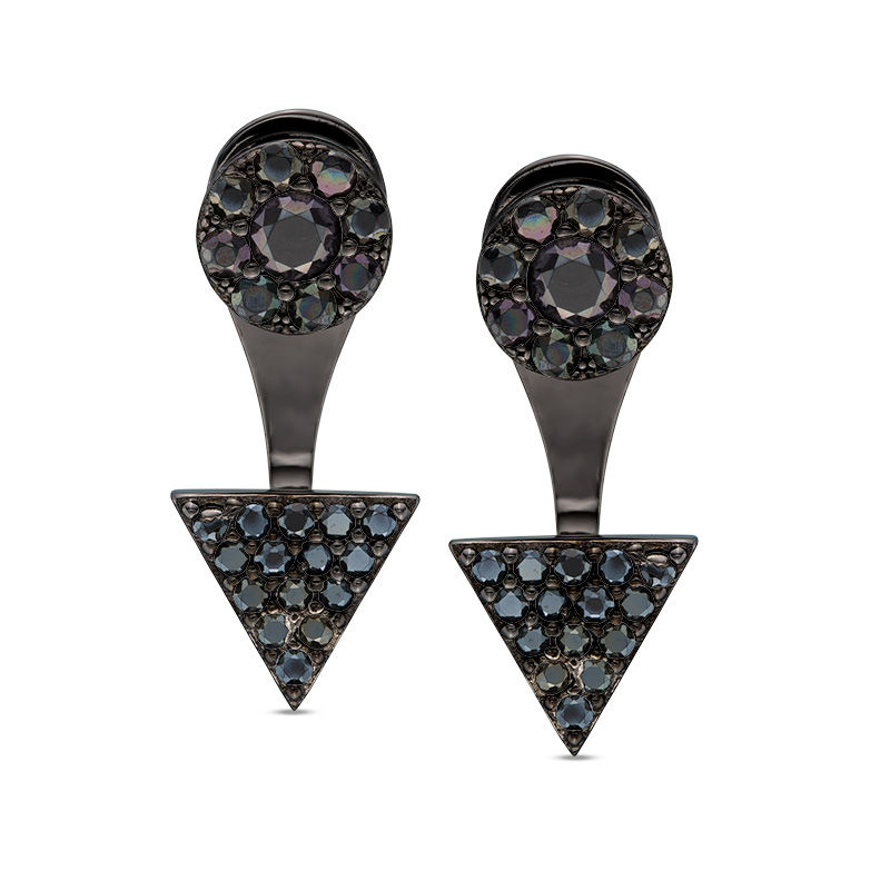 Black Cubic Zirconia Circle Stud and Triangle Drop Earring Jackets in Sterling Silver with Black Rhodium