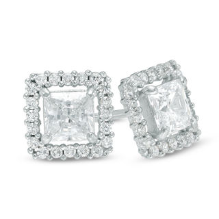 14K White Gold CZ Princess-Cut Halo Studs