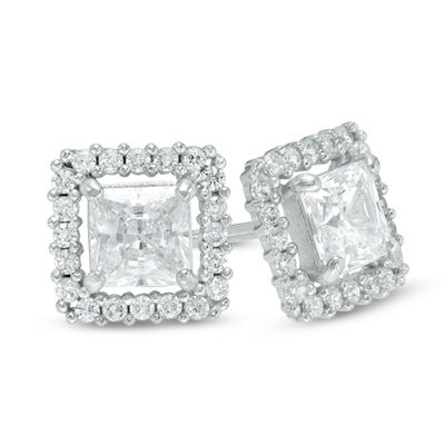 14K White Gold CZ Princess-Cut Halo Studs