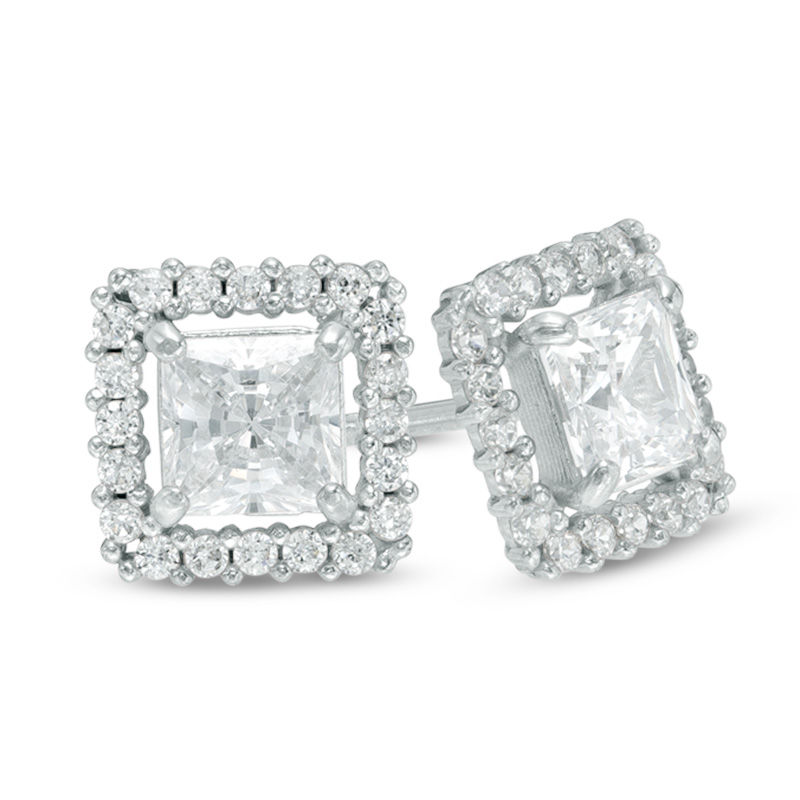Main Image 1 of 14K White Gold CZ Princess-Cut Halo Studs