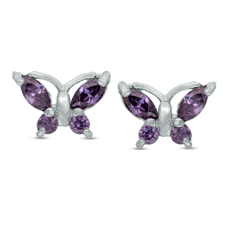 Child's Marquise Purple Cubic Zirconia Butterfly Stud Earrings in Sterling Silver