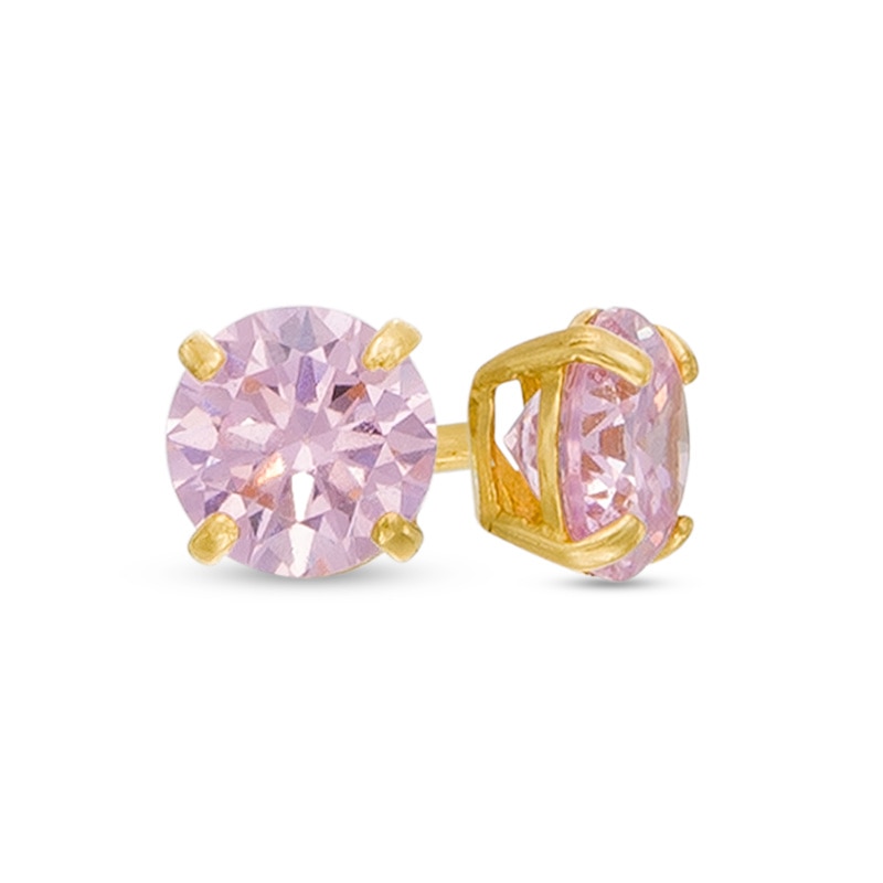 14K Yellow Gold Pink/Purple CZ Crown Screw Back Earrings For Girls