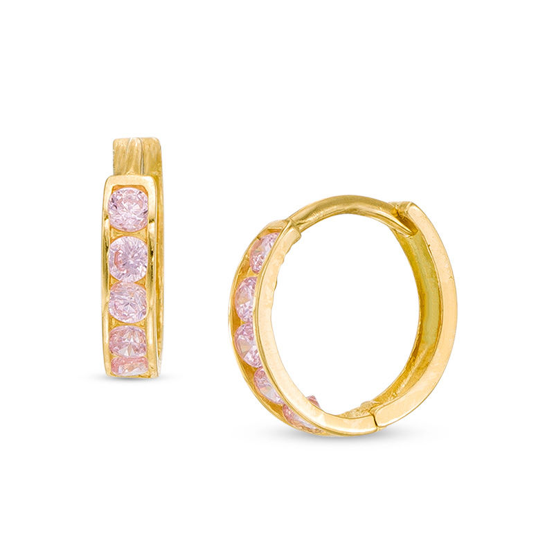 Real 14K Solid Yellow Gold 2mm Lavender Round Soft Pink CZ Huggies Hoop Earrings 