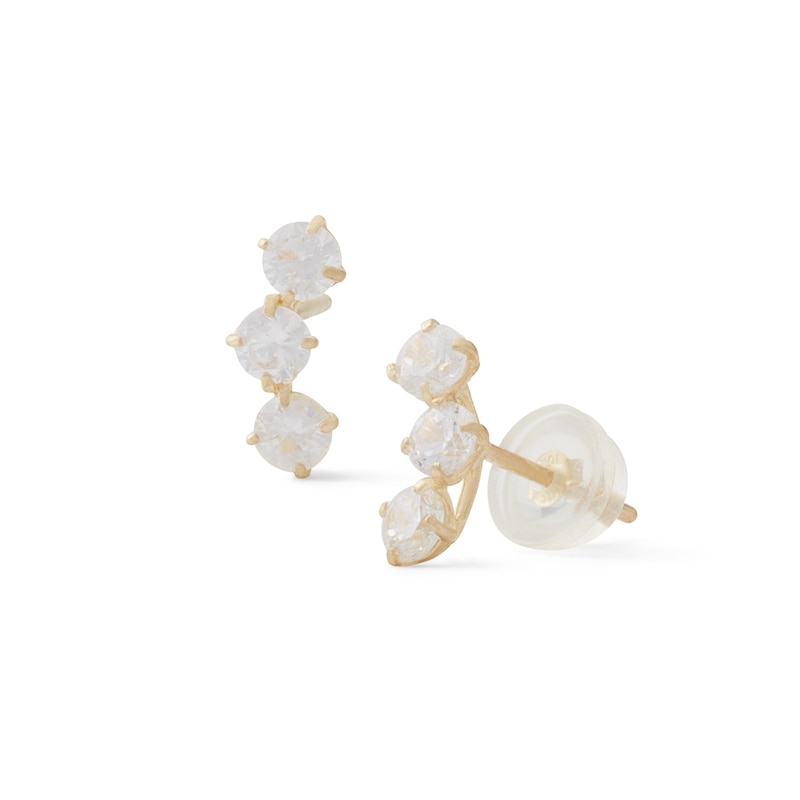 Cubic Zirconia Three Stone Stud Earrings in 10K Gold