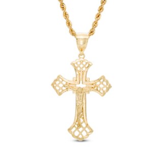Diamond-Cut Lattice Crucifix Pendant in Brass with 14K Gold Plate - 24"