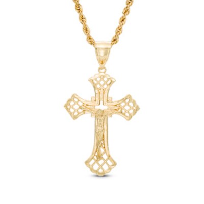 Diamond-Cut Lattice Crucifix Pendant in Brass with 14K Gold Plate - 24"
