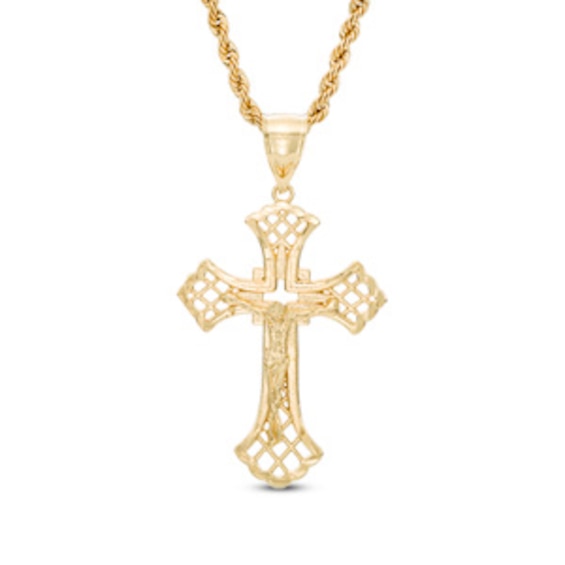 Diamond-Cut Lattice Crucifix Pendant in Brass with 14K Gold Plate - 24"