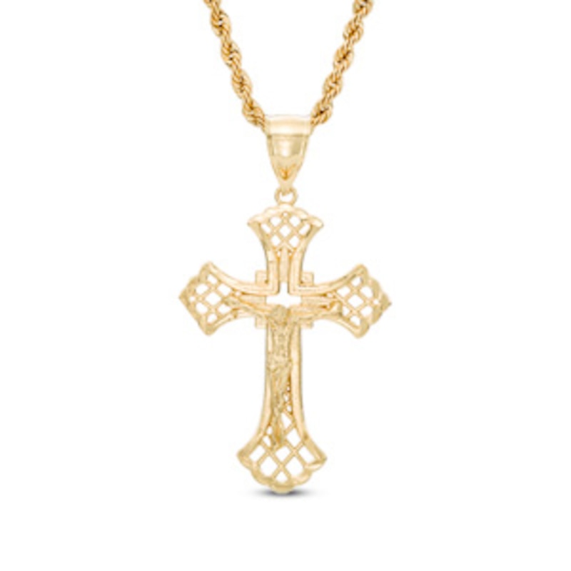Diamond-Cut Lattice Crucifix Pendant in Brass with 14K Gold Plate - 24"
