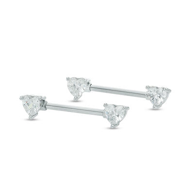 Solid Stainless Steel CZ Heart-Shaped Straight Barbell Pair - 14G