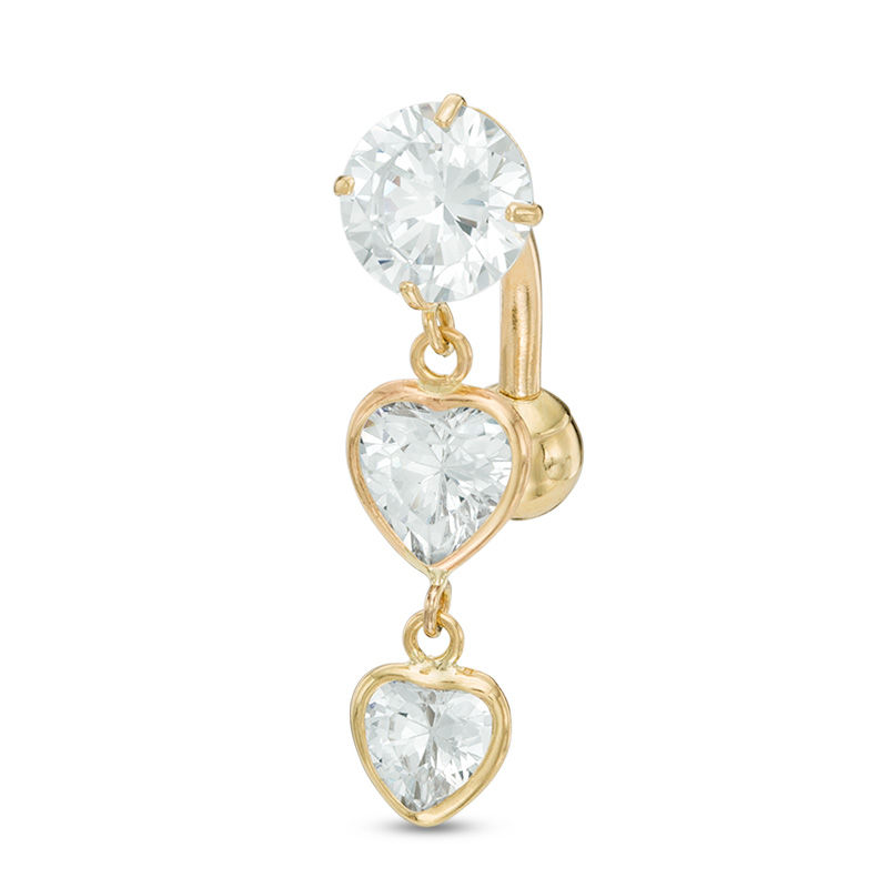 Main Image 1 of 014 Gauge Cubic Zirconia Double Heart Dangle Belly Button Ring in 10K Gold