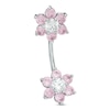 Thumbnail Image 1 of Stainless Steel CZ Pink and White Double Flower Belly Button Ring - 14G