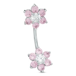 014 Gauge Pink and White Cubic Zirconia Double Flower Belly Button Ring in Solid Stainless Steel