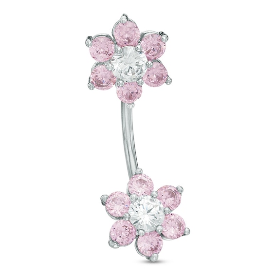 Stainless Steel CZ and White Double Flower Belly Button Ring