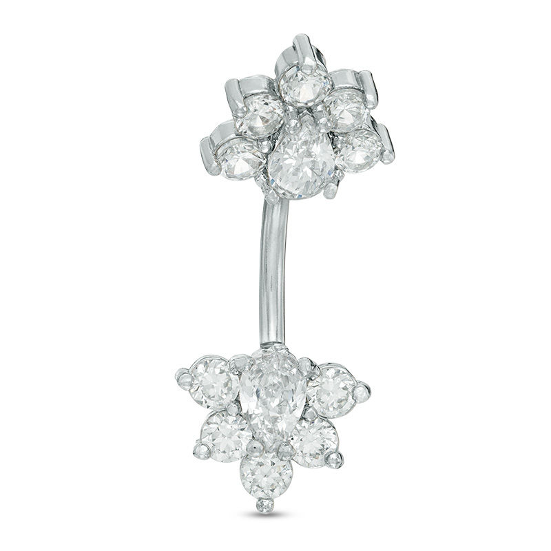 Main Image 1 of Solid Stainless Steel CZ Pear-Shaped Floral Belly Button Ring - 14G