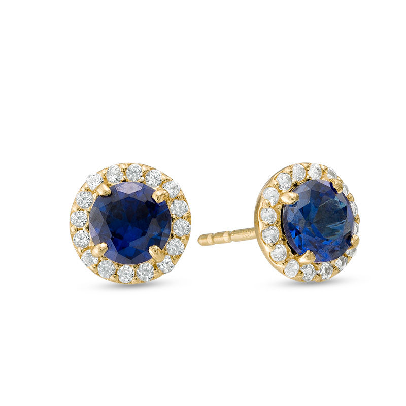 5mm Lab-Created Blue and White Sapphire Frame Stud Earrings in 10K Gold