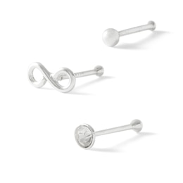 022 Gauge Crystal and Infinity Three Piece Nose Stud Set in Semi-Solid Sterling Silver