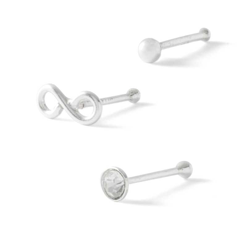 Semi-Solid Sterling Silver Crystal and Infinity Three Piece Nose Stud Set - 22G