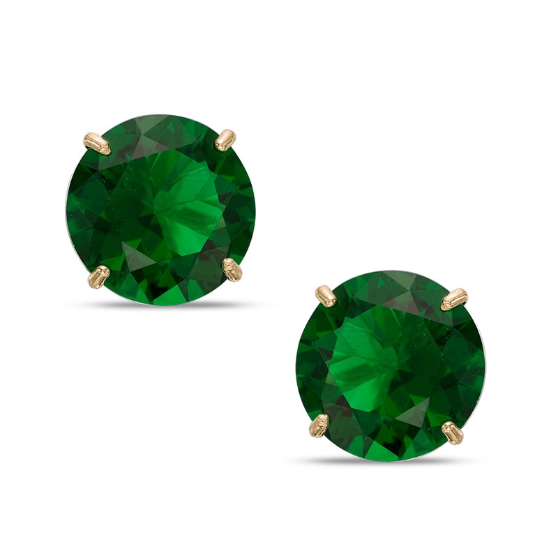 8mm Simulated Emerald Solitaire Stud Earrings in 10K Gold