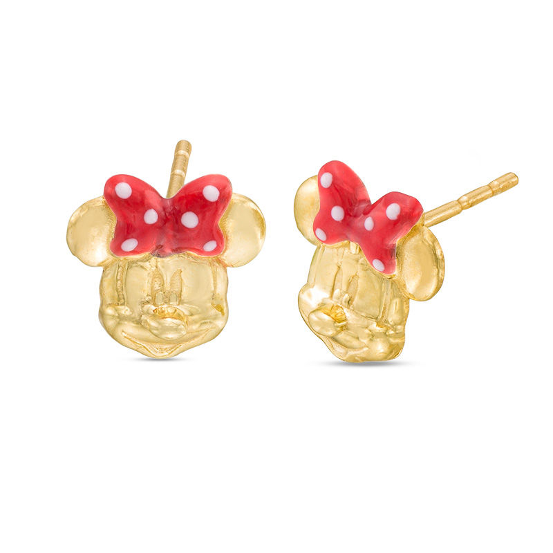 Child's ©Disney Minnie Mouse with Red and White Enamel Polka Dot Bow Stud Earrings in 10K Gold