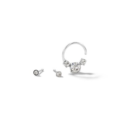 Semi-Solid Sterling Silver Crystal Three Piece Nose Ring Set - Multi-Gauge