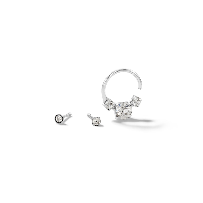 Semi-Solid Sterling Silver Crystal Three Piece Nose Ring Set - Multi-Gauge