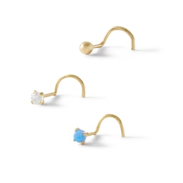 022 Gauge Simulated Blue Opal and Cubic Zirconia Three Piece Nose Ring Set in 14K Semi-Solid and Hollow Gold