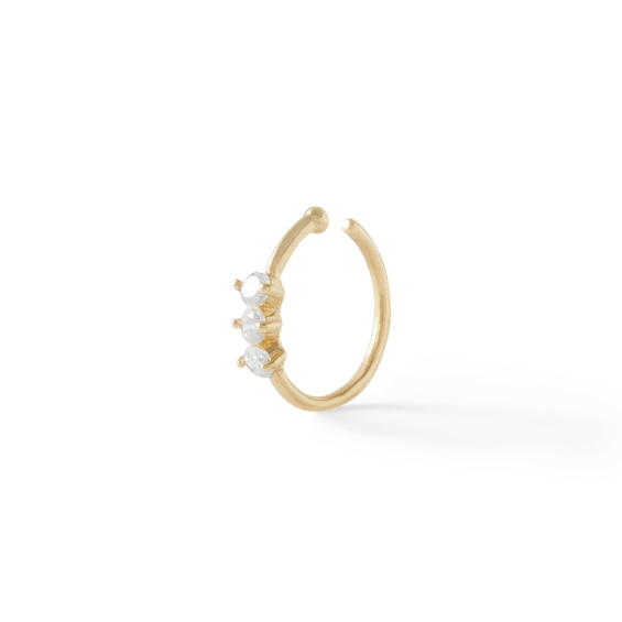 14K Solid Gold CZ Three Stone Nose Hoop