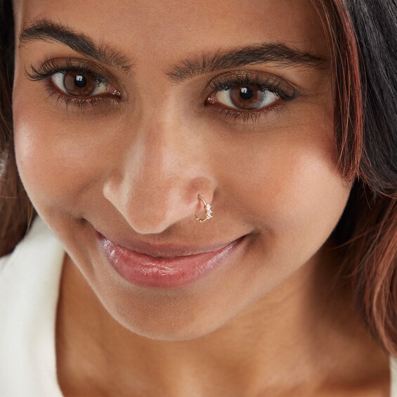 14K Solid Gold CZ Three Stone Nose Hoop