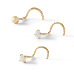 022 Gauge Simulated Opal and Cubic Zirconia Three Piece Nose Stud Set in 14K Semi-Solid and Hollow Gold