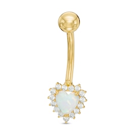 014 Gauge 5mm Heart-Shaped Simulated Opal and Cubic Zirconia Frame Belly Button Ring in Solid 10K Gold