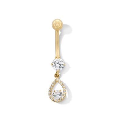 10K Solid Gold CZ Teardrop Dangle Belly Button Ring - 14G 3/8"