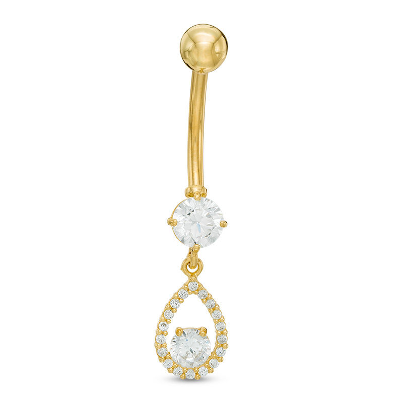 10K Solid Gold CZ Teardrop Dangle Belly Button Ring - 14G 3/8"